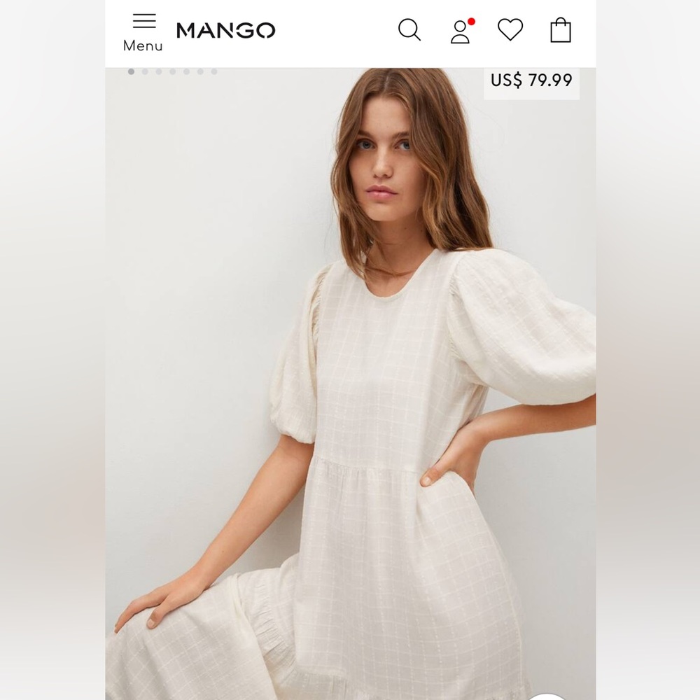 Mango Cream Puff-Sleeve Midi Dress